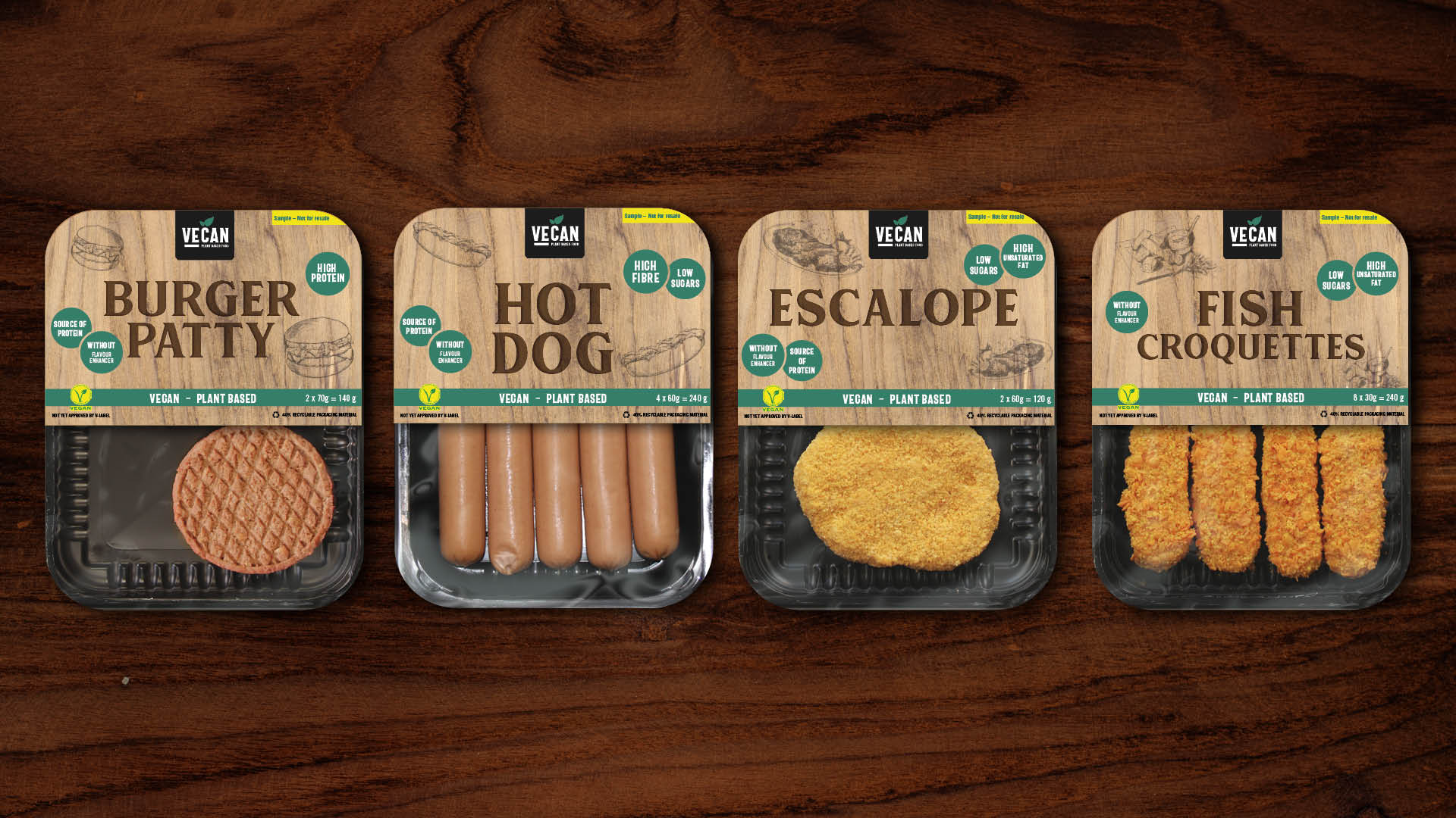BRAINARTIST: Packaging der Burger Patties, Hot Dogs, Escalopes und Fish Croquettes von VAN HEES’ „VECAN plant based food“