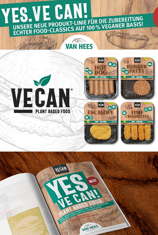 BRAINARTIST: Collage unseres Beweises über unsere Markengestaltung von VECAN®, vegane Lebensmittel, von VAN HEES