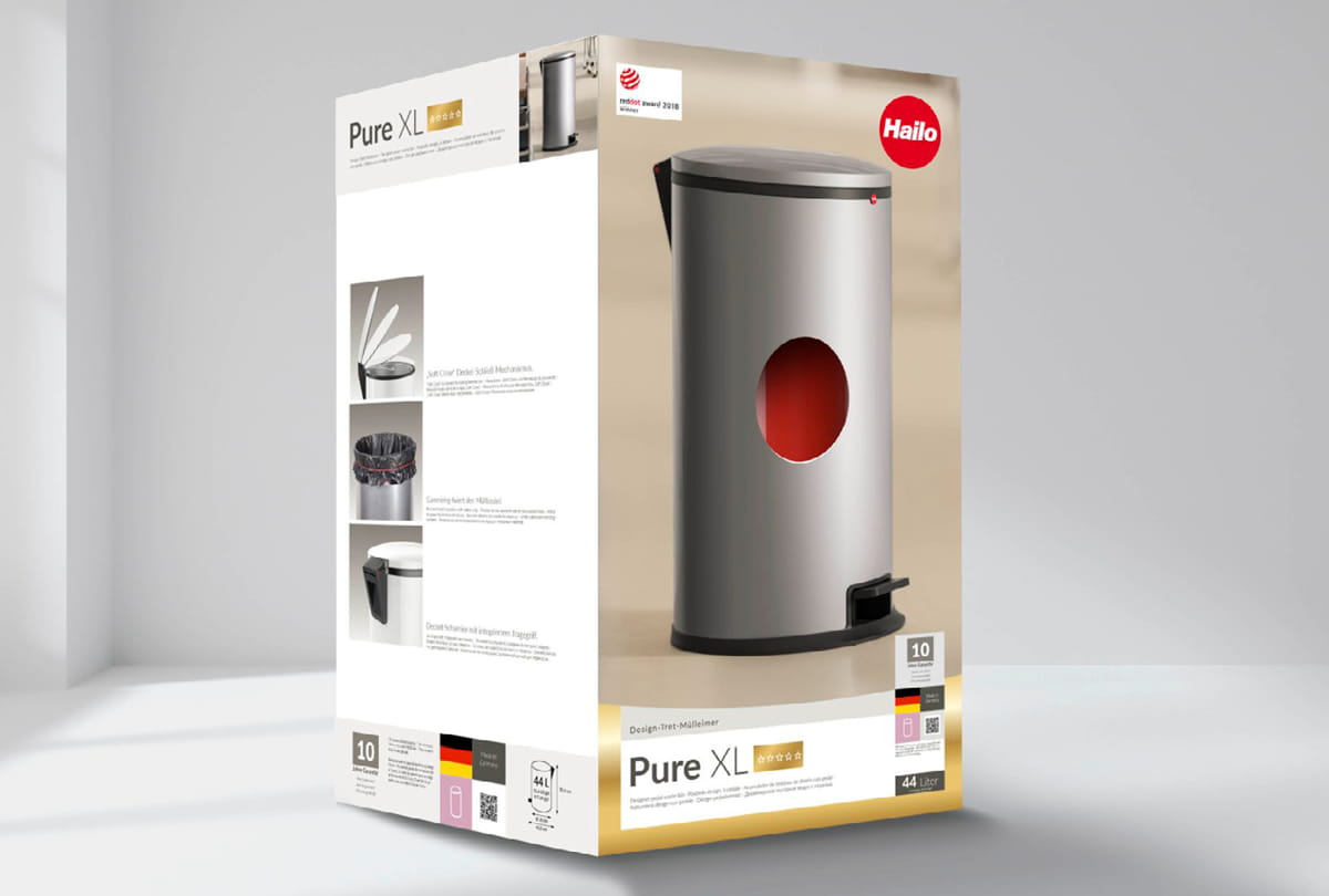 BRAINARTIST: Neues Verpackungsdesign der HAILO-Produkte; hier der Design-Tret-Mülleimer „Pure XL“