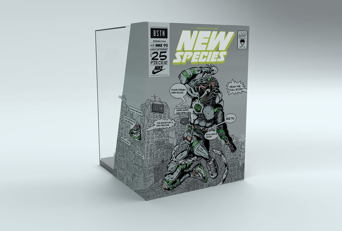 BRAINARTIST: Rückansicht der „NEW SPECIES“-Sammler-Vitrine mit der Figur von BSTN; ein gezeichnetes Cover im Comic-Stil