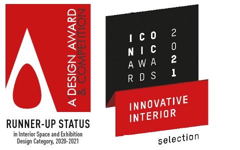 BRAINARTIST: Collage mit unserem Runner-up-Status des „A’ Design Award & Competition“ und des „ICONIC AWARDS 2021 – Innovative Interior selection“ für unsere modulare ShoeBox